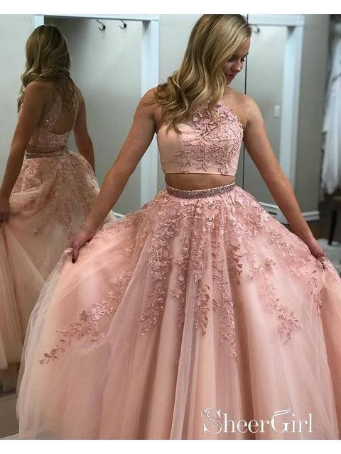 Lace Appliquéd Two Piece Prom Dresses Long Cheap Halter Ball Gowns APD –  SheerGirl