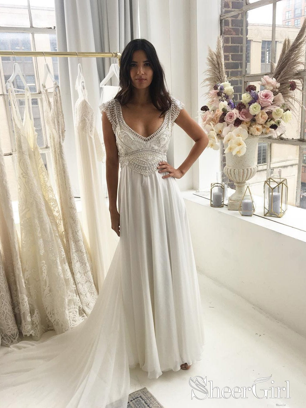 Lace Beaded V Neckline Chiffon Skirt A Line Sweep Train Wedding Dresses AWD1660 Lace Beaded V Neckline Chiffon Skirt A Line Sweep Train Wedding Dresses AWD1660