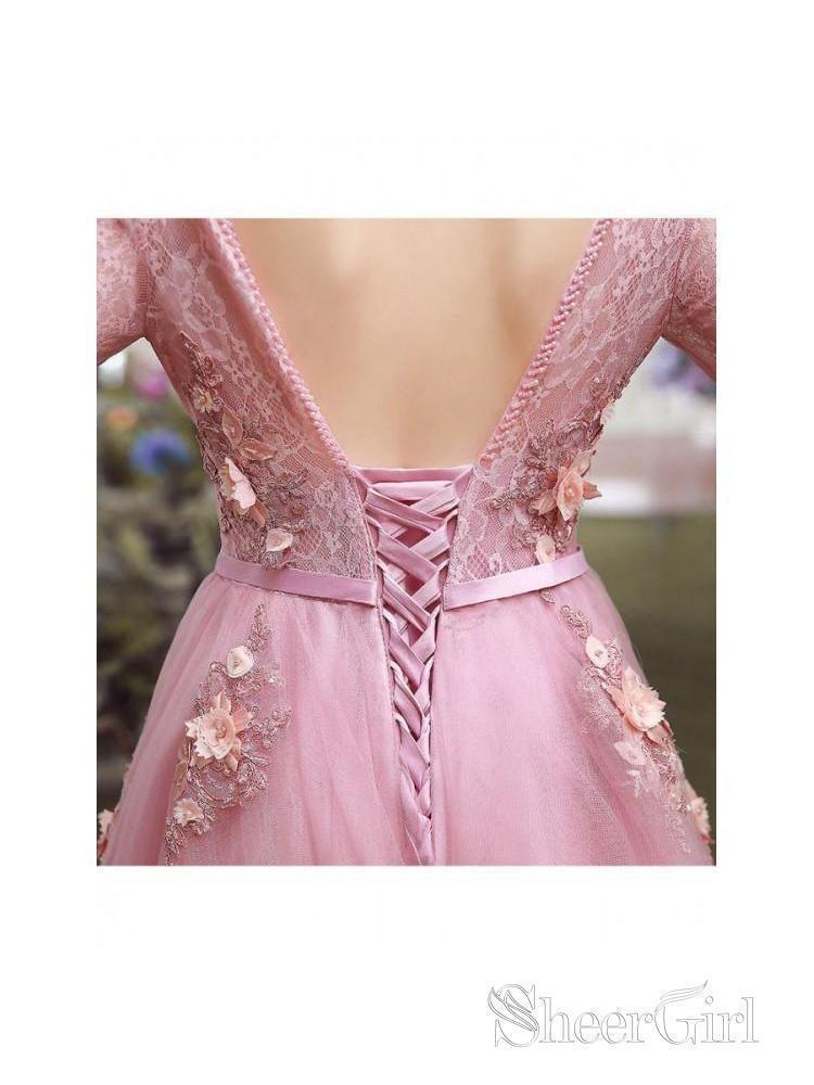 Lace Long Sleeve Pink Prom Dresses V Neck Tulle Appliqued Beaded Evening Ball Gowns ARD1042-SheerGirl