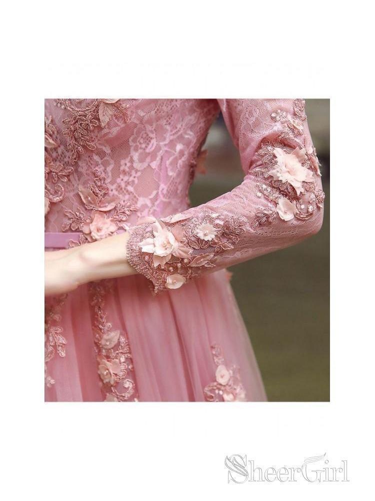 Lace Long Sleeve Pink Prom Dresses V Neck Tulle Appliqued Beaded Evening Ball Gowns ARD1042-SheerGirl