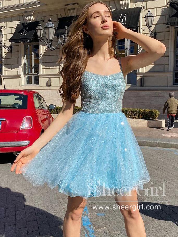 Lace Up Back Sparkly Homecoming Dress Knee Length Short Prom Dress ARD2627