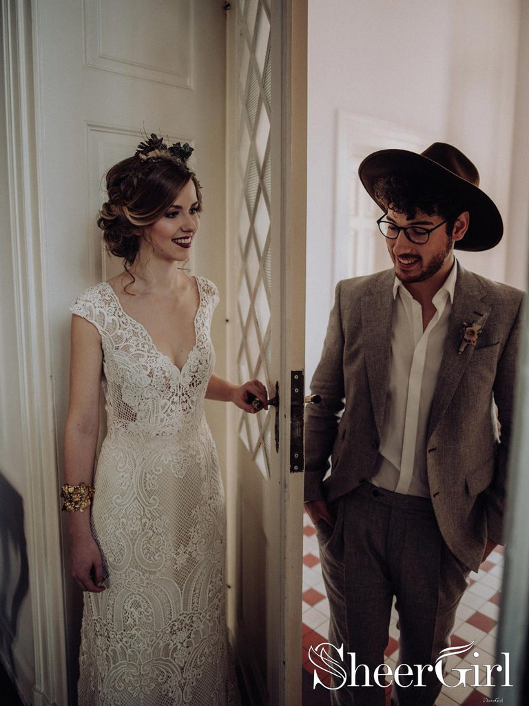 Lace Wedding Dress with Little Cap Sleeves Vintage Lace Pattern Bridal Dress AWD1680-SheerGirl