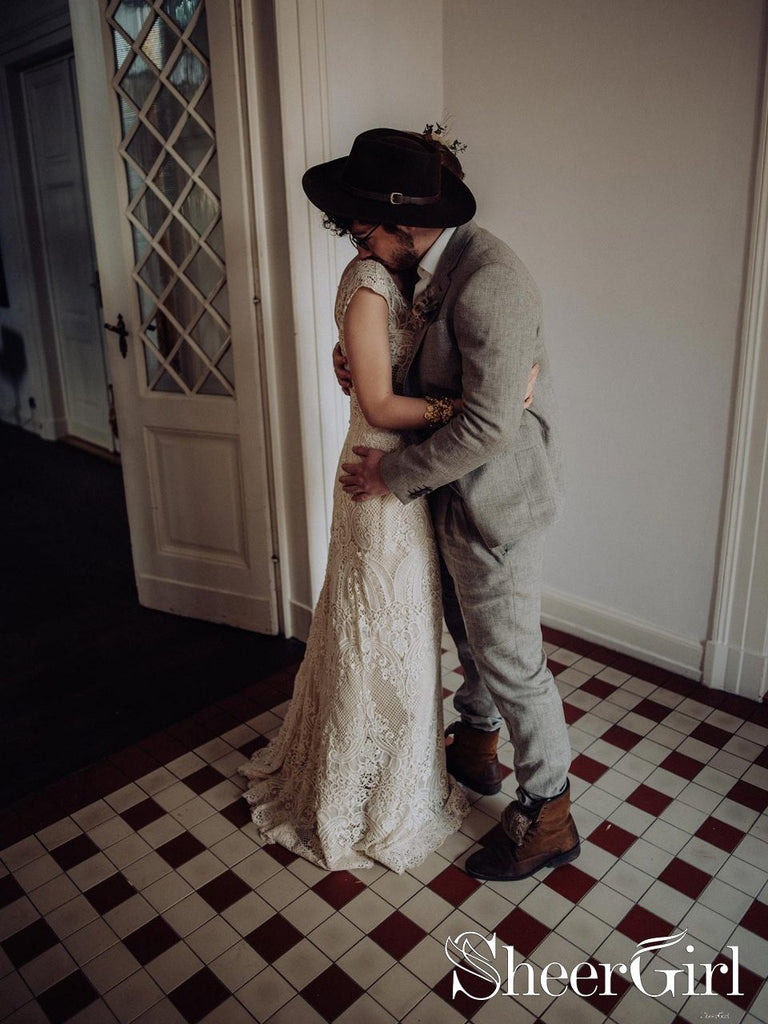 Lace Wedding Dress with Little Cap Sleeves Vintage Lace Pattern Bridal Dress AWD1680-SheerGirl