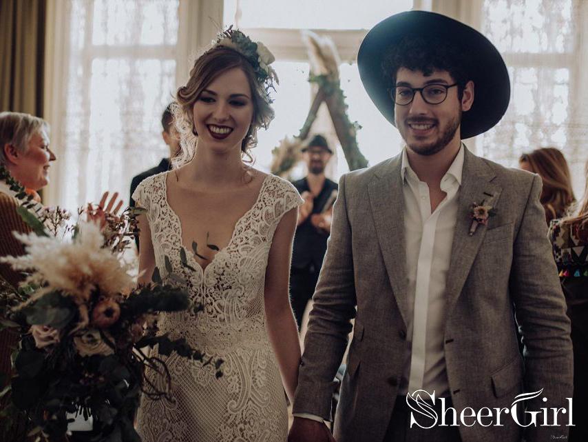 Lace Wedding Dress with Little Cap Sleeves Vintage Lace Pattern Bridal Dress AWD1680-SheerGirl