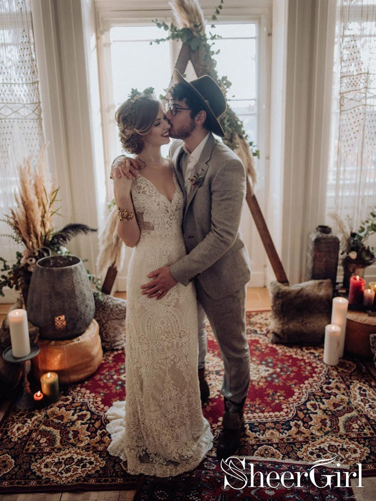 Lace Wedding Dress with Little Cap Sleeves Vintage Lace Pattern Bridal Dress AWD1680-SheerGirl