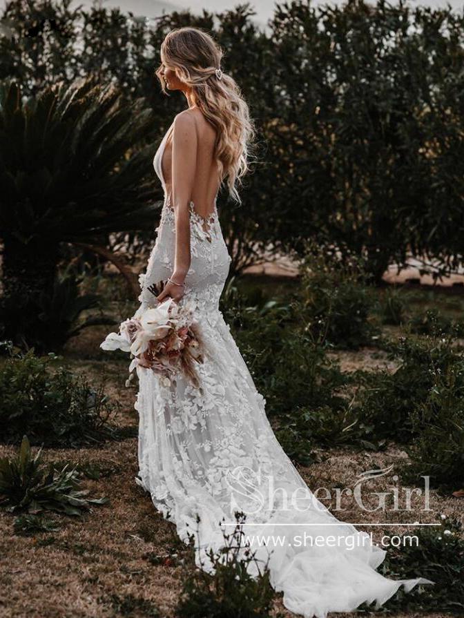 Lavish Drop Waist Mermaid Wedding Dress with Statement Long Illusion Train AWD1825-SheerGirl