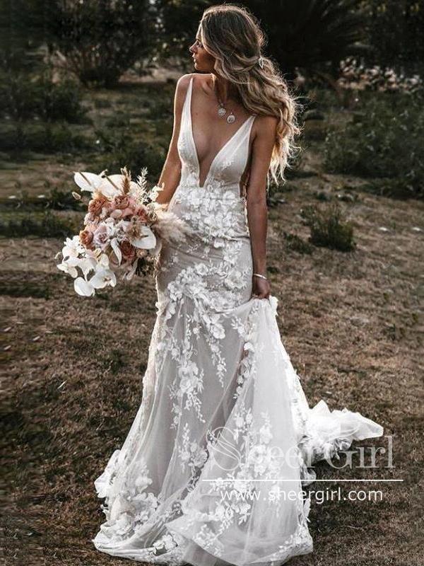 Lavish Drop Waist Mermaid Wedding Dress with Statement Long