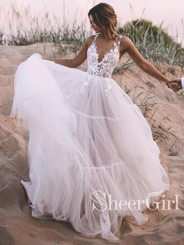 Layered Tulle Skirt Unlined Lace Bodice Wedding Ball Gown with Deep V –  SheerGirl