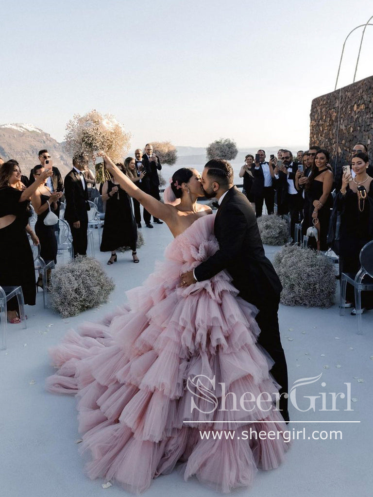 Layers Tulle Ball Gown Wedding Dress Drama Pink Wedding Dress AWD1919-SheerGirl