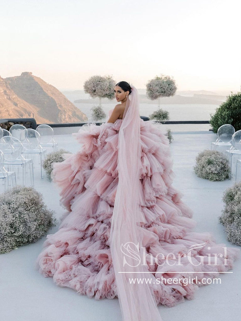 Layers Tulle Ball Gown Wedding Dress Drama Pink Wedding Dress AWD1919-SheerGirl