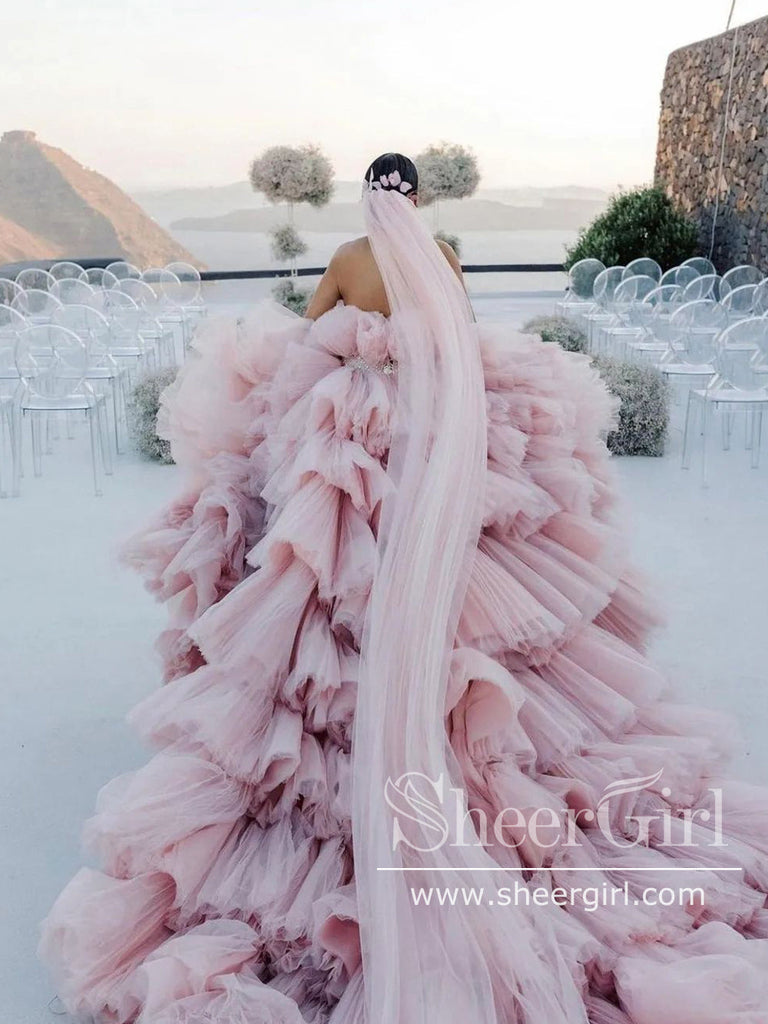 Layers Tulle Ball Gown Wedding Dress Drama Pink Wedding Dress AWD1919-SheerGirl