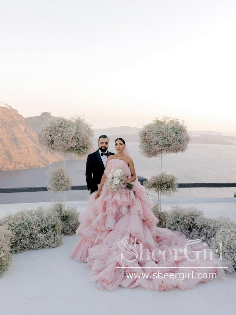 Layers Tulle Ball Gown Wedding Dress Drama Pink Wedding Dress AWD1919-SheerGirl