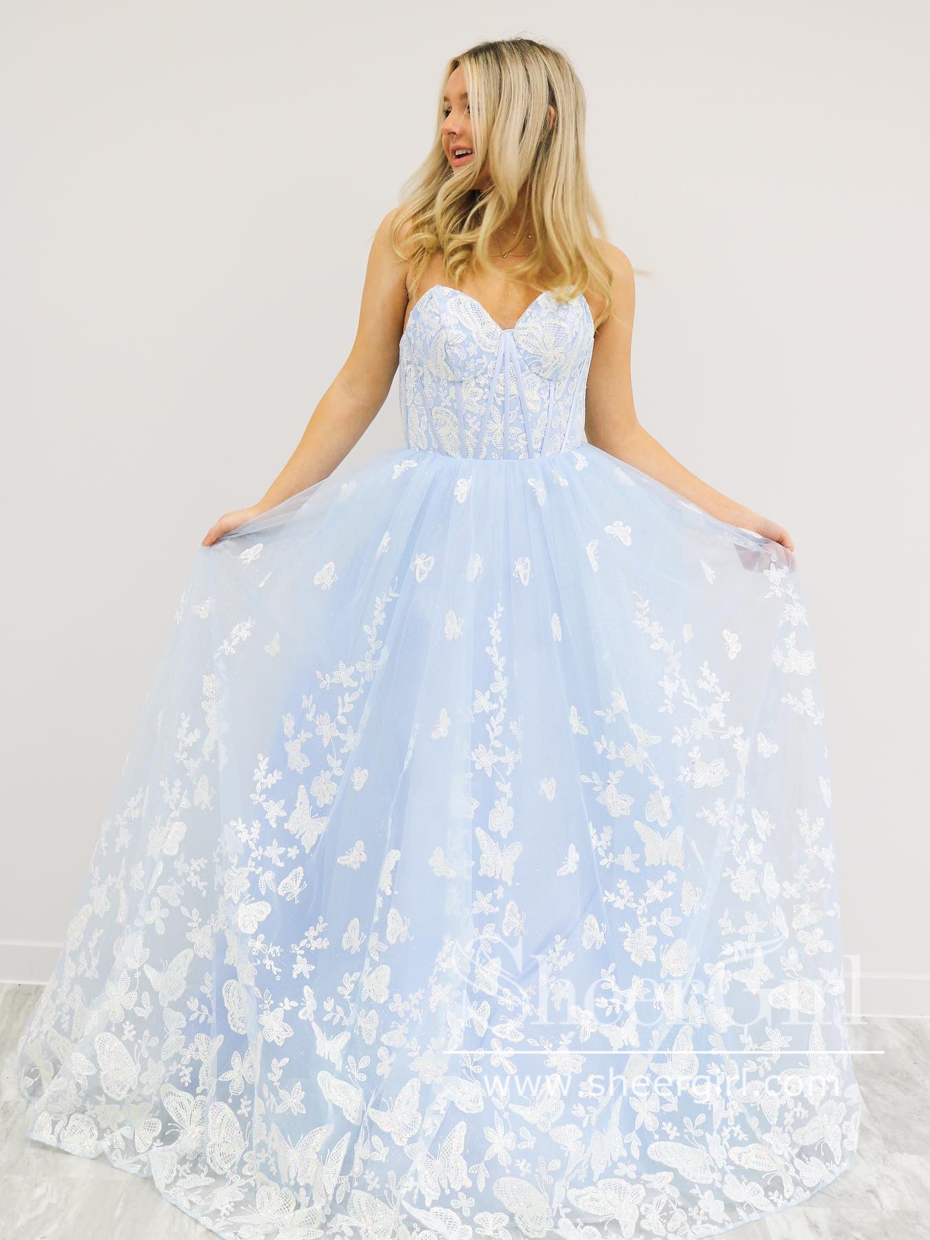 Light Blue Butterfly Lace A Line Prom Dresses Strapless Sparkly Long P SheerGirl Light Blue Butterfly Lace A Line Prom Dresses Strapless Sparkly Long P SheerGirl