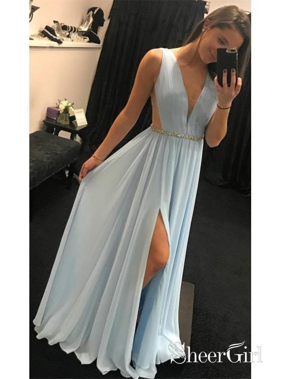 Light Blue Long Chiffon Prom Dresses Blush Pink Prom Dresses with Slit  ARD1412