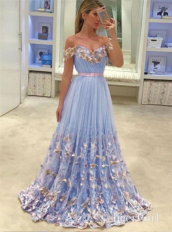 Light Blue Prom Dresses Lace Appliqued Off the Shoulder Long Prom