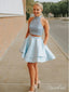 Light Blue Two Piece Mini Homecoming Dresses with Pocket Halter Beaded Hoco Dress ard1709