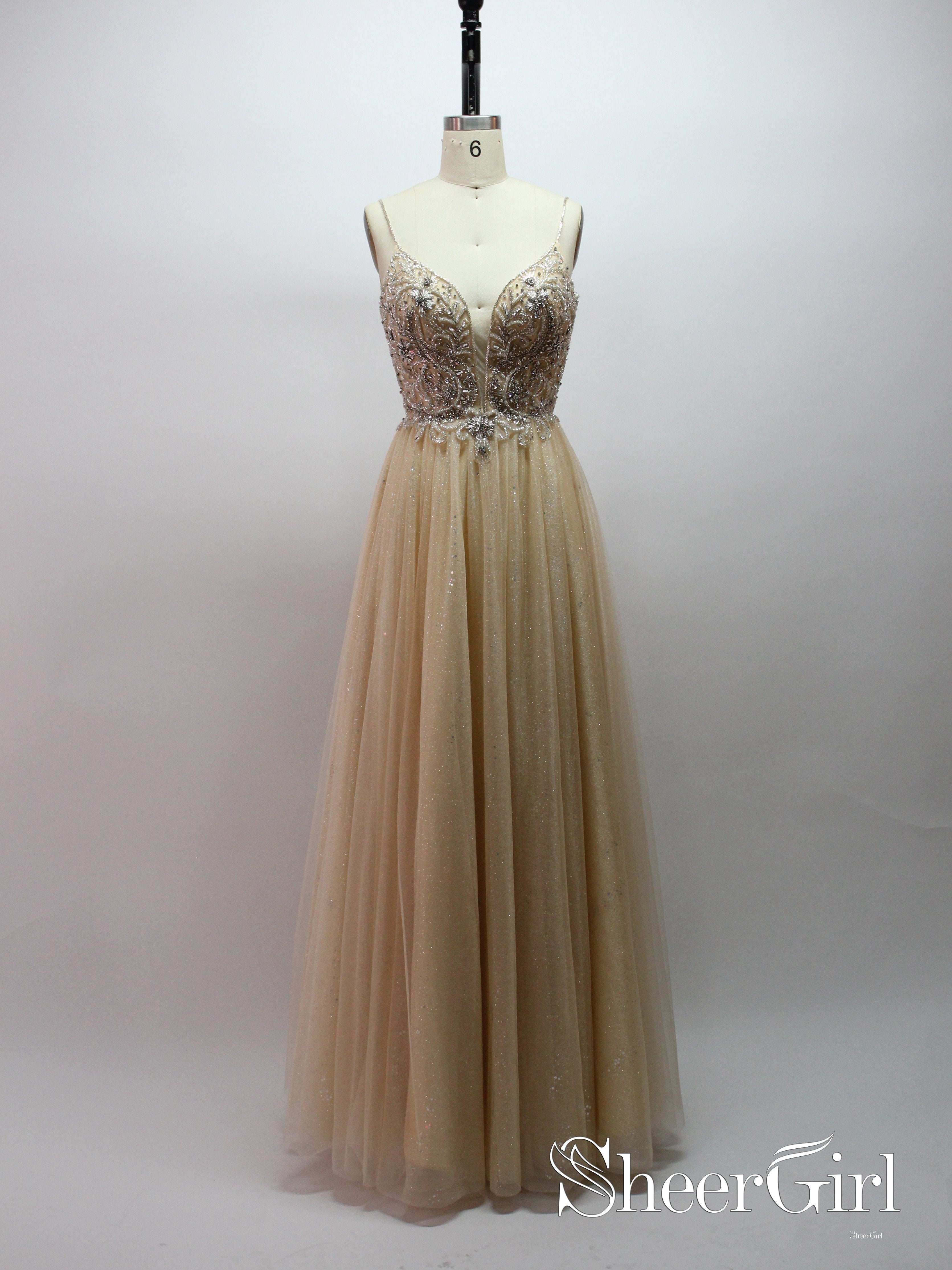 Light Gold Gorgeous Bodice Plounging Neck Spaghetti Long Prom Dress ARD2567 Light Gold Gorgeous Bodice Plounging Neck Spaghetti Long Prom Dress ARD2567