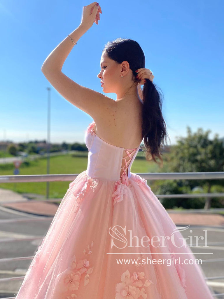 Light Pink 3D Flowers A Line Prom Dresses Strapless Sparkly Long Formal Dress ARD2882-SheerGirl