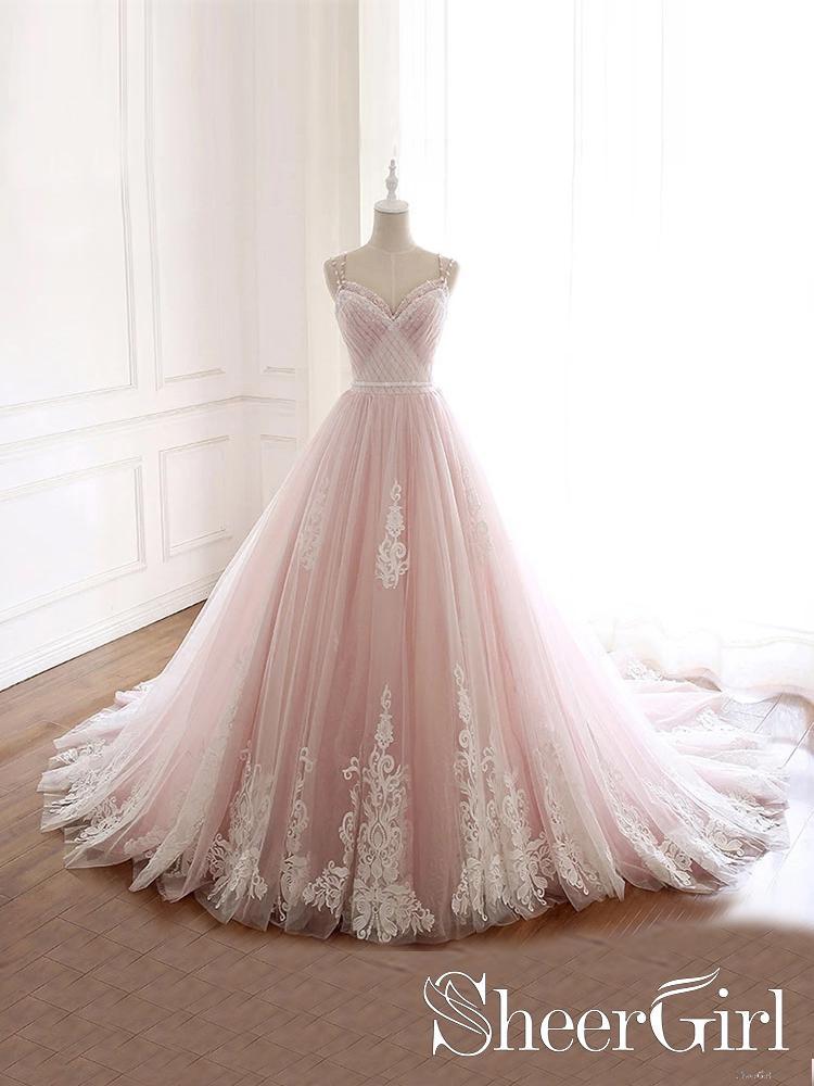 open lace back dress Light Pink Tulle Iovry Appliqued Quinceanera Dress Sweet Heart Neckline Cathedral Train Wedding Dress AWD1705