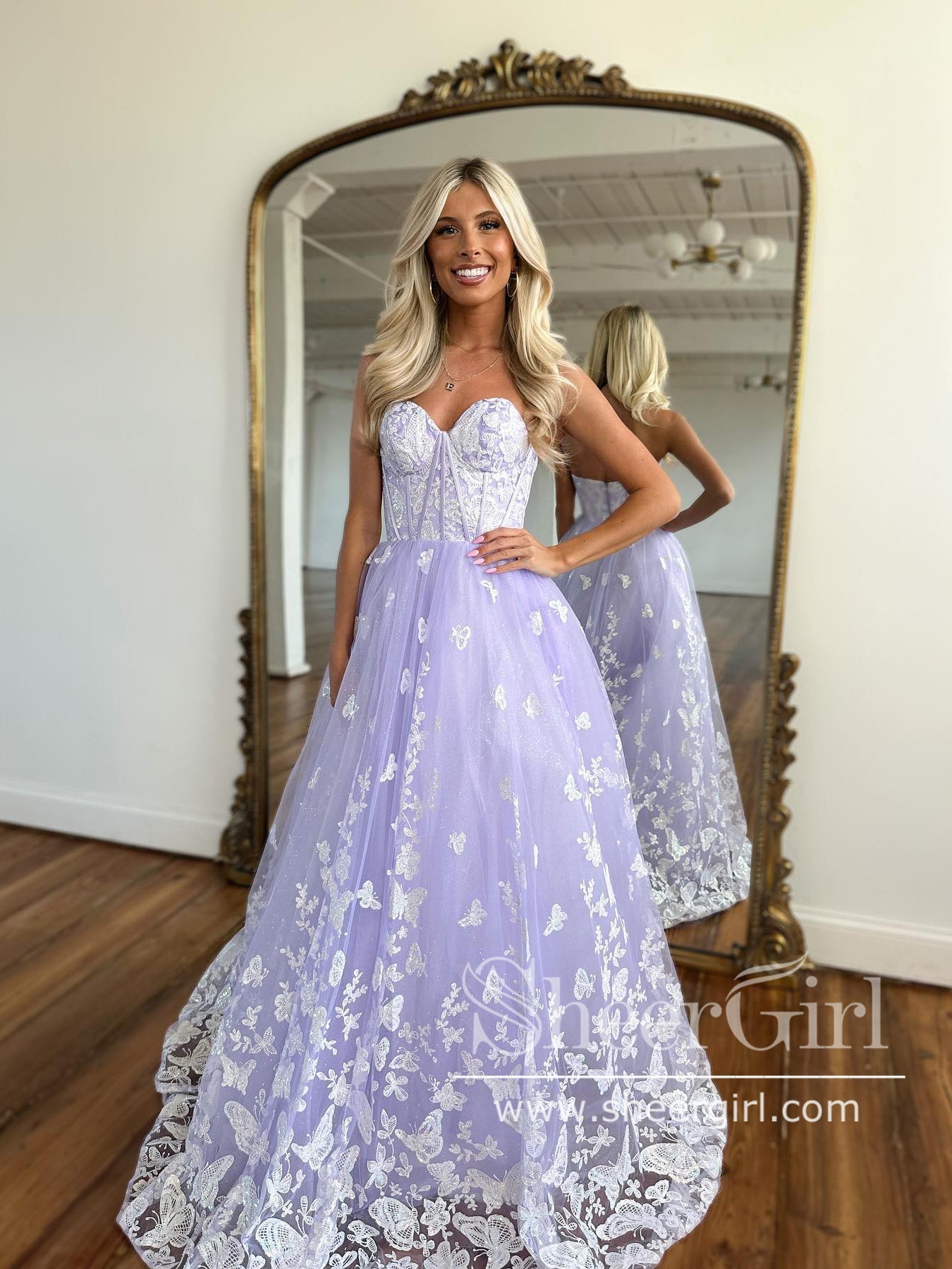 Lilac Butterfly Lace A Line Prom Dresses Strapless Sparkly Long