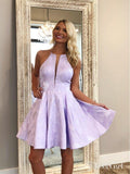 Lilac Jacquard Floral Homecoming Dresses with Pocket Halter Graduation Dress ARD1469-SheerGirl