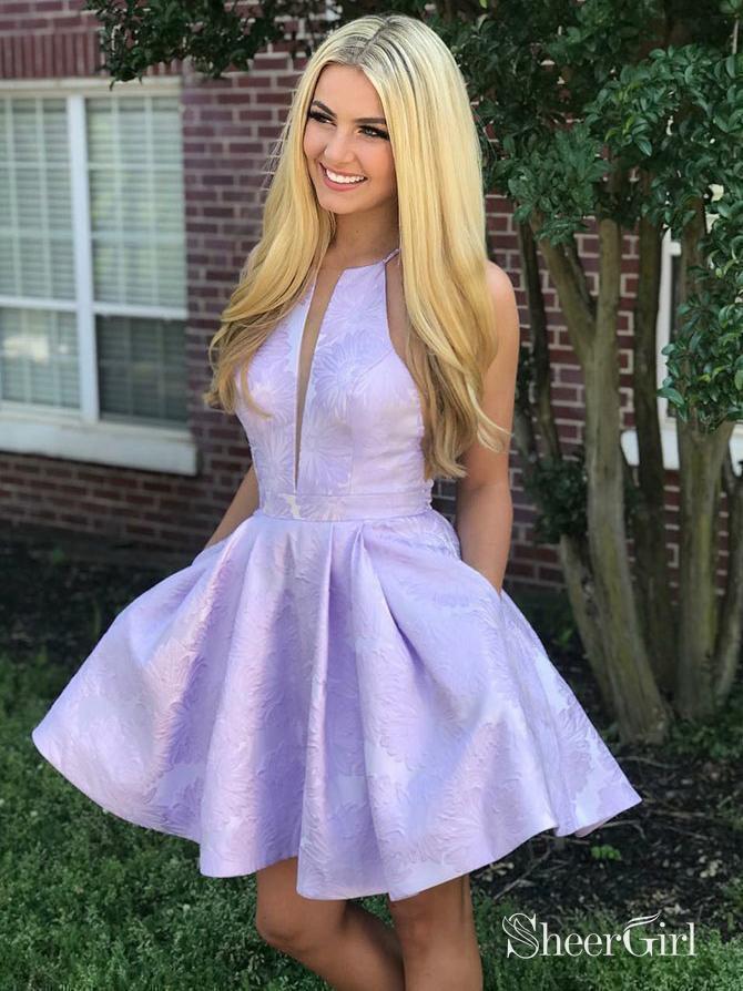 Lilac Jacquard Floral Homecoming Dresses with Pocket Halter Graduation Dress ARD1469 Lilac Jacquard Floral Homecoming Dresses Halter Graduation Dress – SheerGirl