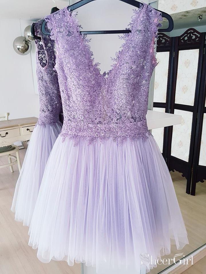 Lilac Lace Short Homecoming Dresses Tulle V Neck Simple Short Prom Dresses APD3516 Lilac Lace Short Homecoming Dresses Tulle V Neck Simple Short Prom Dresses APD3516