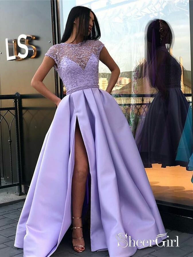 Lilac Long Prom Dresses with Slit Beaded See Through Cap Sleeve