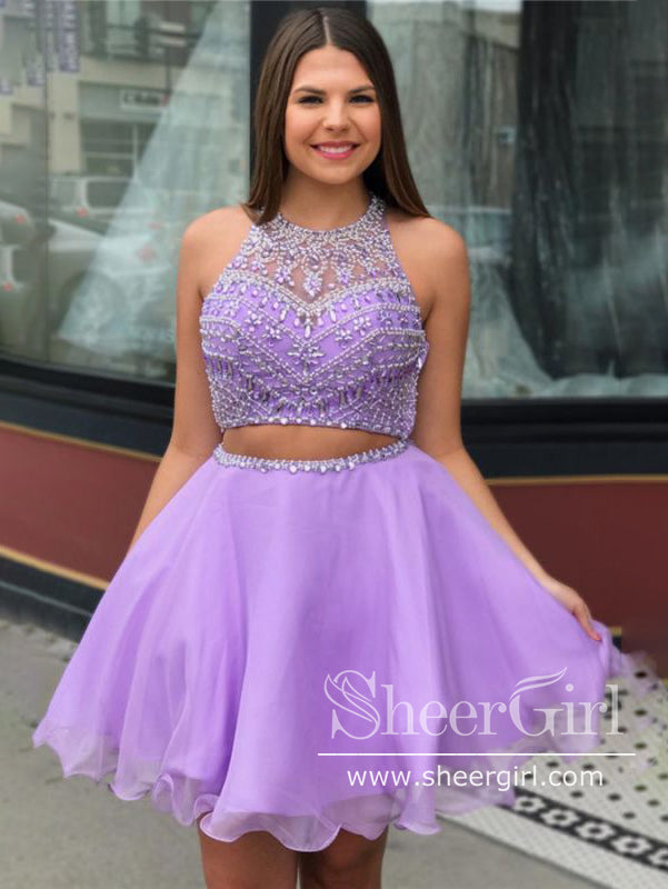 Two Piece Short Prom Gowns Lilac Two Piece Beaded Racer's Back