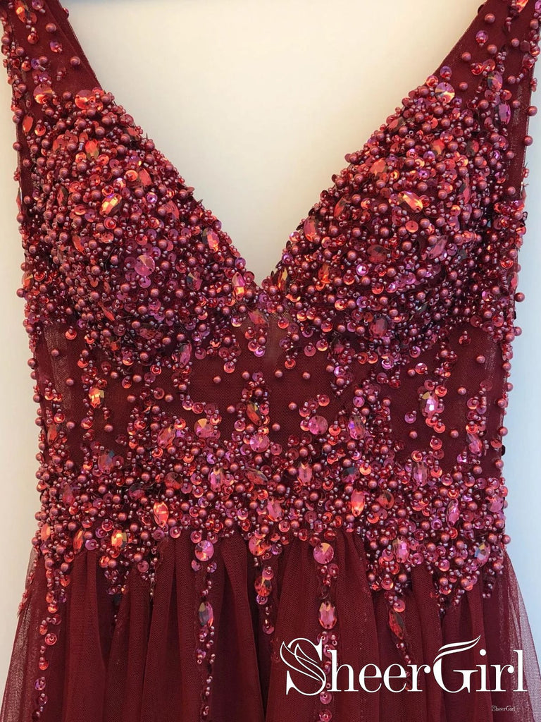 Long Backless Grey Sexy Prom Dresses with Slit Rhinestone See Through Evening Gowns APD3296-SheerGirl