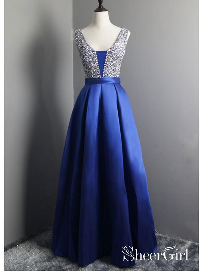 Long Beaded Satin Prom Dresses Simple V Neck Royal Blue Maternity Formal Dresses SheerGirl Long Beaded Satin Prom Dresses Simple V Neck Royal Blue Maternity Formal Dresses SheerGirl