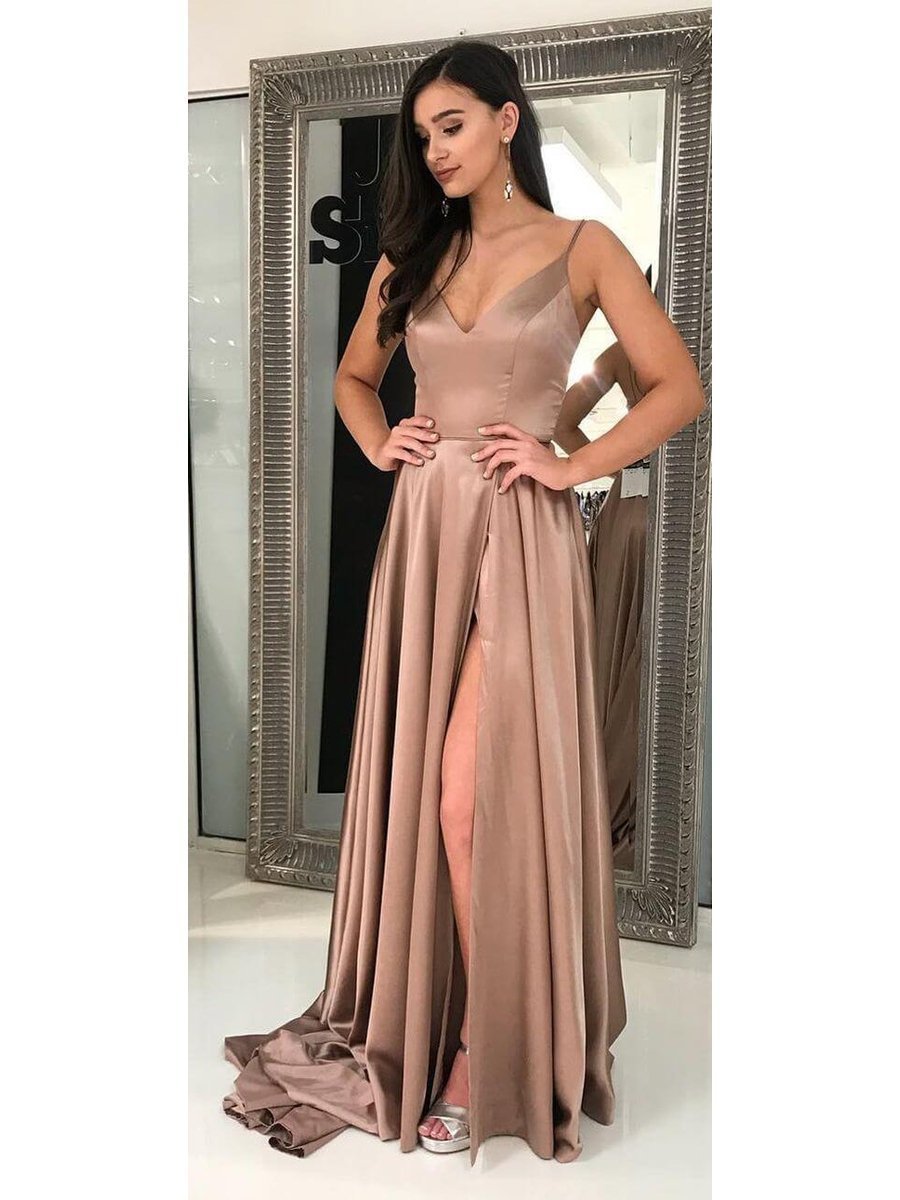 Long Cheap Simple Formal Evening Dress Spaghetti Strap A Line Prom Dress  with Slit |Sheergirl.com – SheerGirl