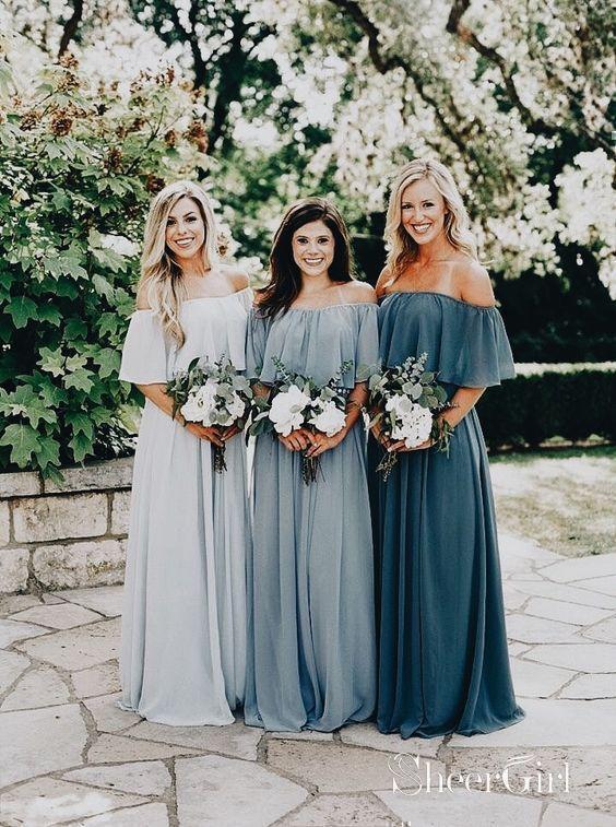 Long Chiffon Off the Shoulder Gray Mismatched Bridesmaid Dresses