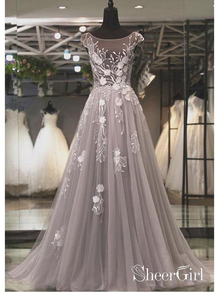 Long Grey Tulle Appliqued Prom Dresses See Through Backless Plus Size Formal Dresses ARD1038 Long Grey Tulle Appliqued Prom Dresses See Through Backless Plus Size Formal Dresses ARD1038