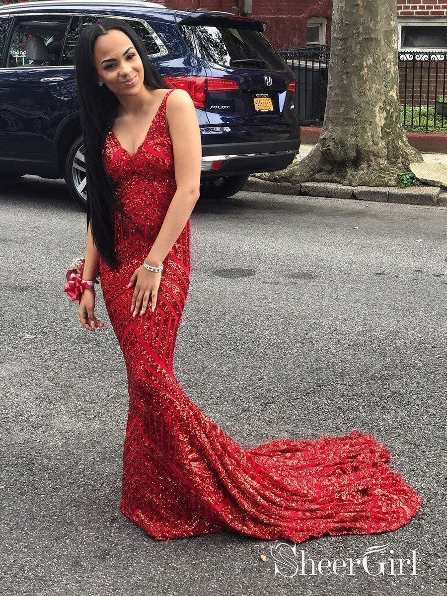 Long Mermaid Prom Dresses for Women Red Mermaid Sparkly