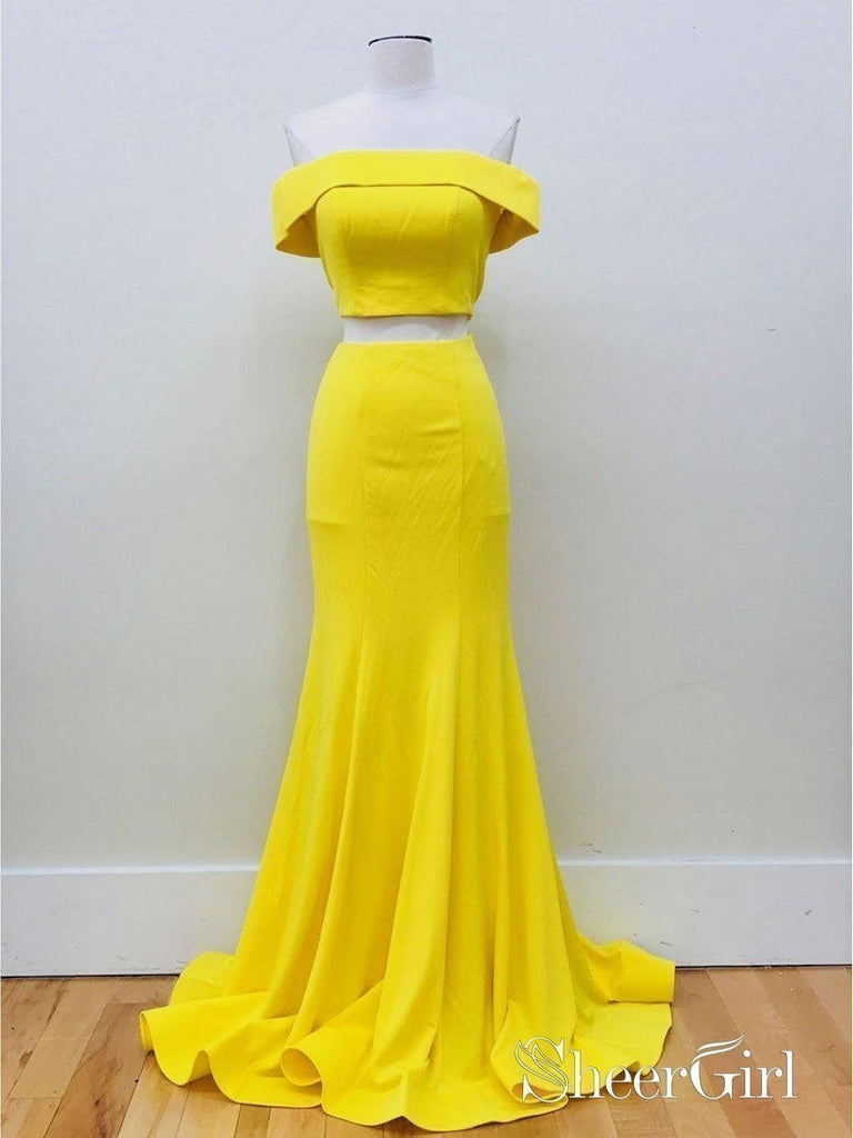 Long Mermaid Two Piece Prom Dresses Daffodil Yellow Off Shoulder Formal Dress APD3362-SheerGirl