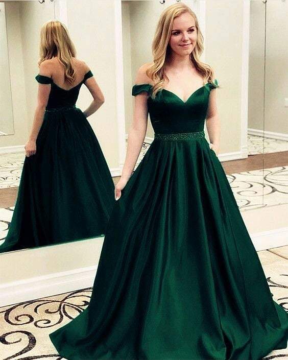 Long Off the Shoulder Emerald Green Beaded Satin Prom Dresses 2019 APD3239 Long Off the Shoulder Emerald Green Beaded Satin Prom Dresses 2019 APD3239