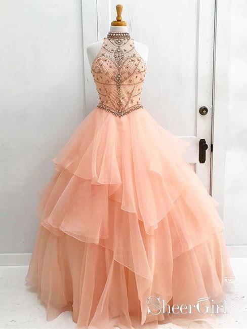 Long Prom Dresses Halter Neck Beaded Quinceanera Dress |Sheergirl.com –  SheerGirl