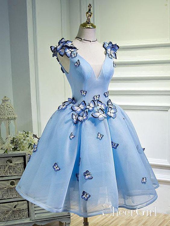 Long Sky Blue Prom Dresses Butterfly Applique Quinceanera Dresses –  SheerGirl