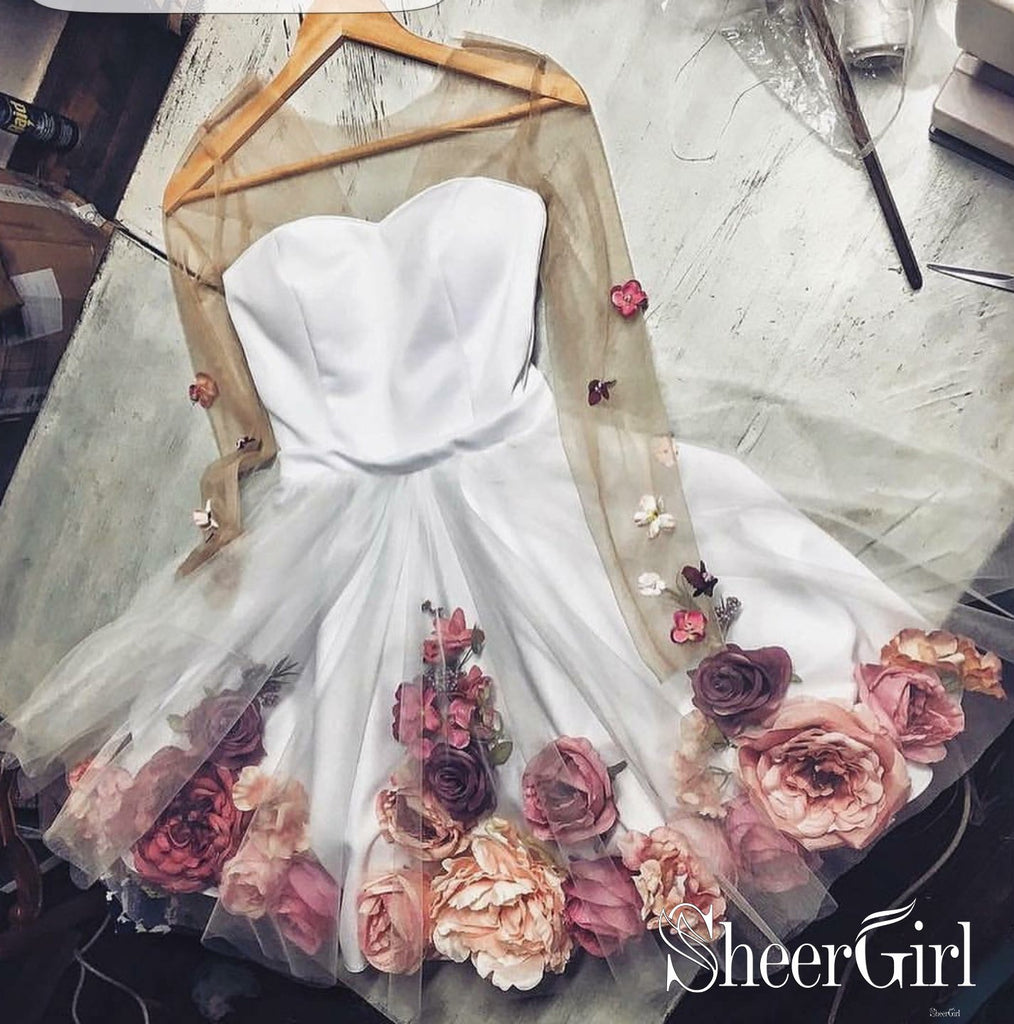 Long Sleeve 3D Flowers Homecoming Dresses Illusion Applique Short Prom Dress ARD2432-SheerGirl
