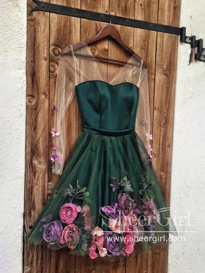 Long Sleeve 3D Flowers Homecoming Dresses Illusion Applique Short Prom Dress ARD2432-SheerGirl