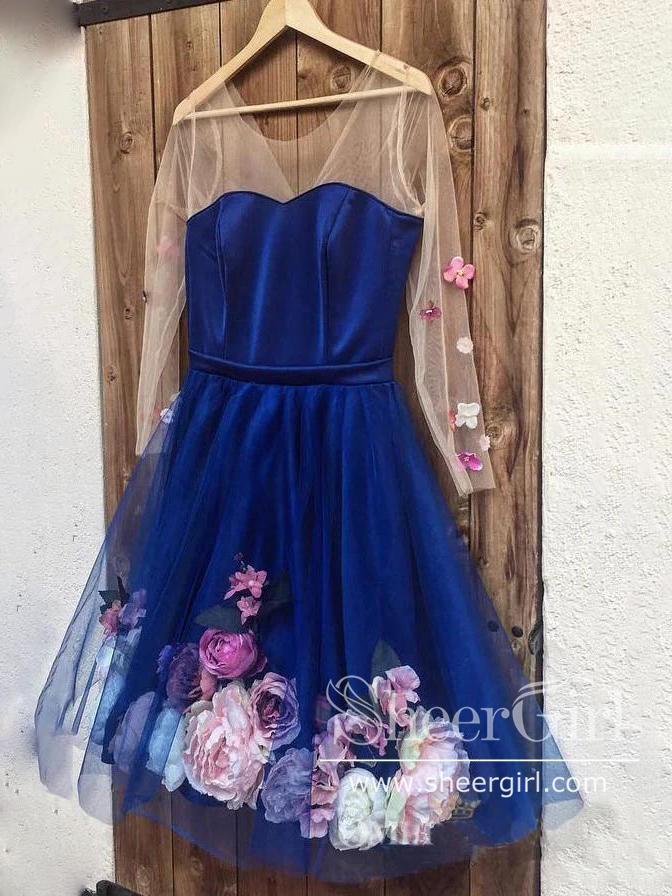 Long Sleeve 3D Flowers Homecoming Dresses Illusion Applique Short Prom Dress ARD2432