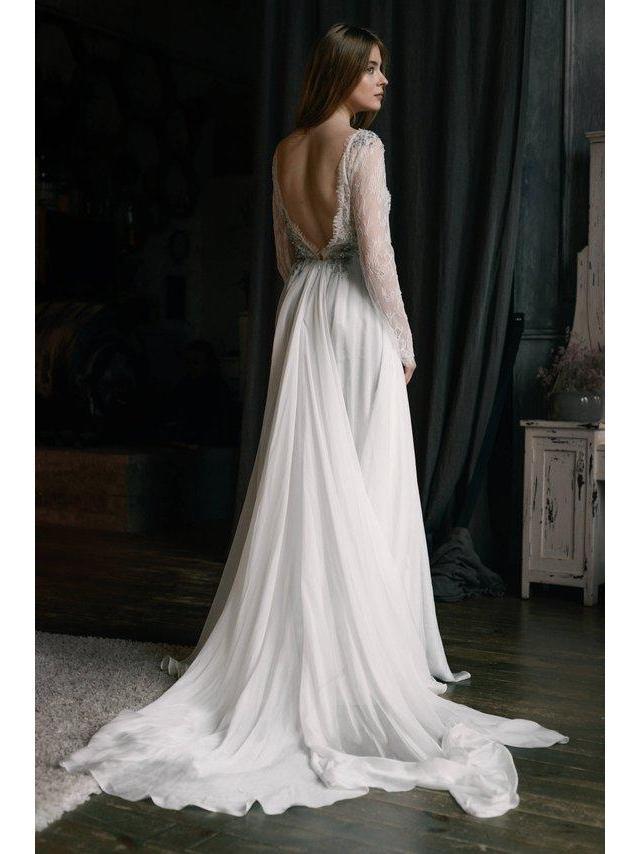 Long Sleeve Backless Wedding Dresses See Through Lace Top Beach Wedding Dress AWD1185-SheerGirl