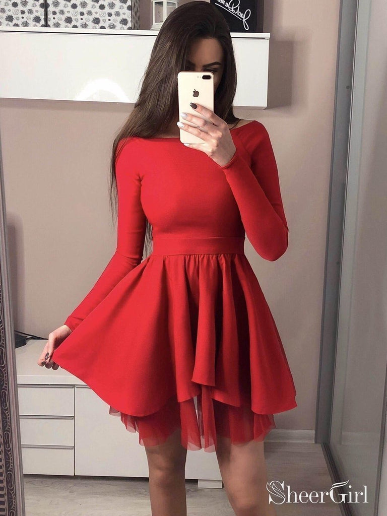 Long Sleeve Black Homecoming Dresses Mini Short Red Prom Dress ARD1733-SheerGirl