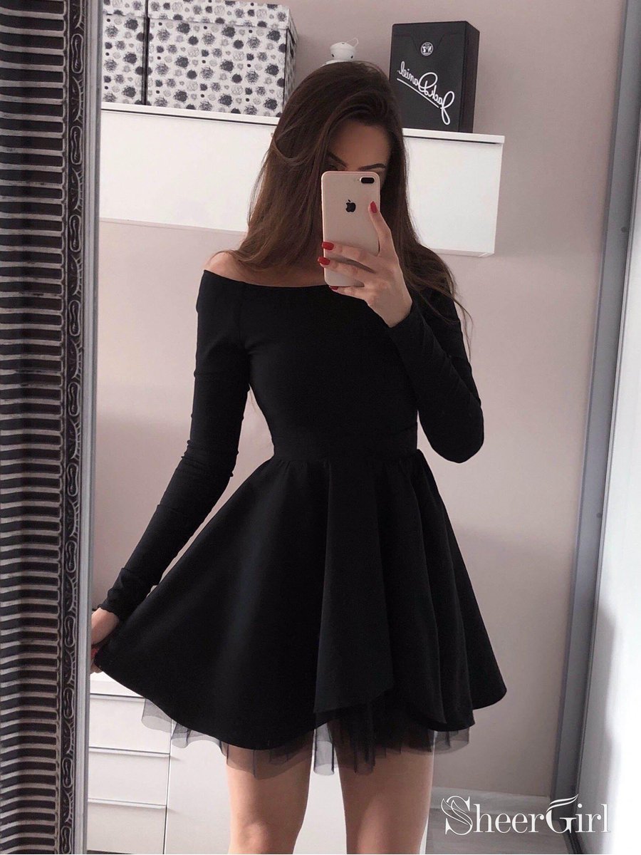 Long Sleeve Black Homecoming Dresses Mini Short Red Prom Dress