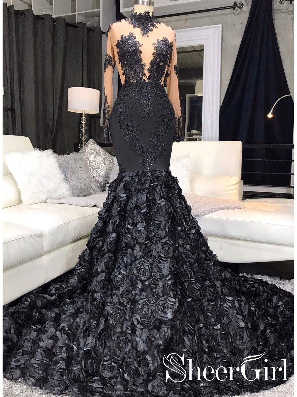 Long Sleeve Black Lace Mermaid Prom Dresses See Through Trumpet Formal Dress APD3366 Long Sleeve Black Lace Mermaid Prom Dresses See Through Trumpet Formal Dress APD3366