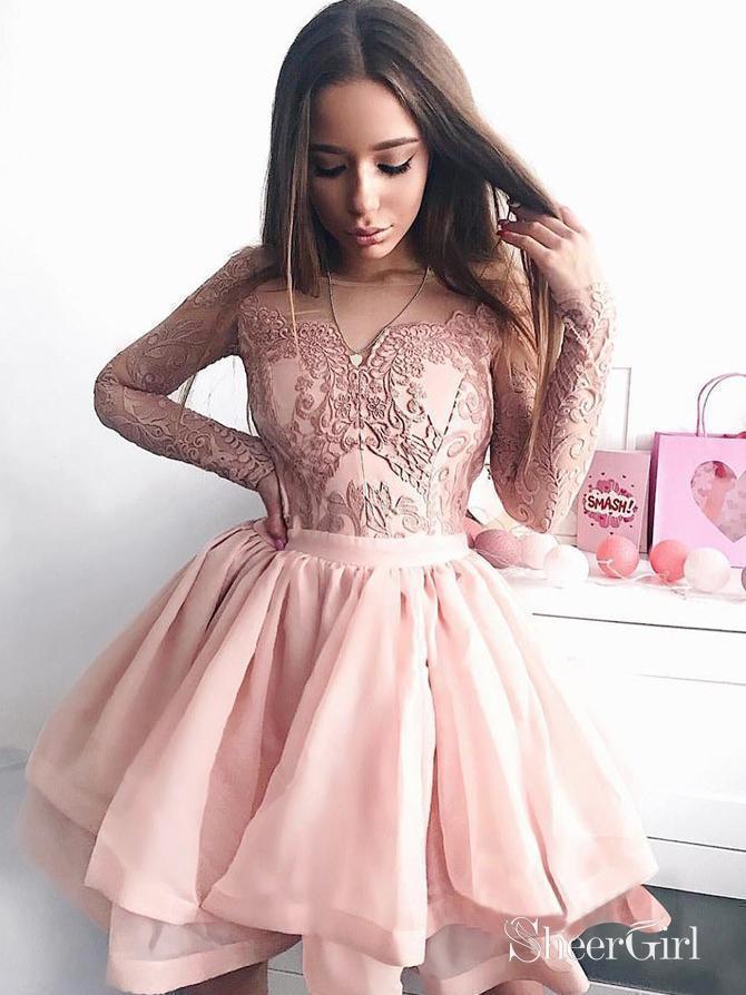 Illusion Neck Beaded Simple Homecoming Dresses Knee Length Short Prom Dress SheerGirl Illusion Neck Beaded Simple Homecoming Dresses Knee Length Short Prom Dress SheerGirl