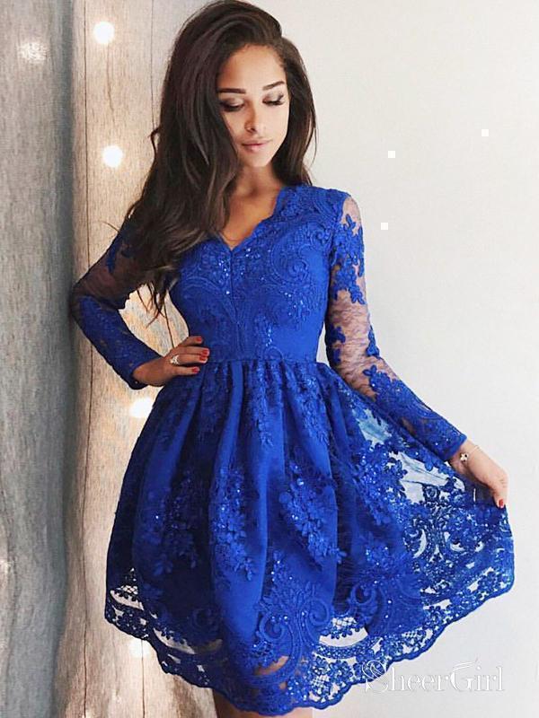 Long Sleeve Blush Pink Lace Homecoming Dresses See Through Pink Homecoming Dress ARD1492-SheerGirl