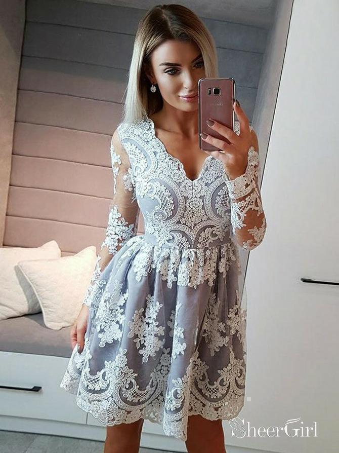 Long Sleeve Pink Lace Homecoming Dresses V Neck See Through Homecoming Dress  – SheerGirl