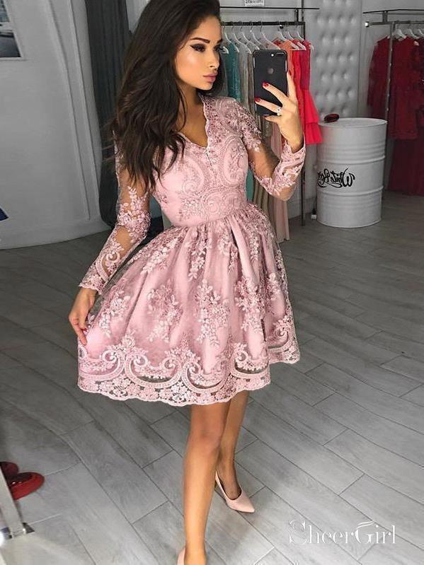 Long Sleeve Blush Pink Lace Homecoming Dresses See Through Pink Homecoming Dress ARD1492 Long Sleeve Pink Lace Homecoming Dresses V Neck See Through Homecoming Dress  – SheerGirl